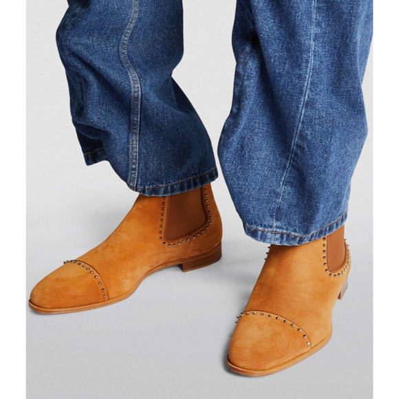 Christian Louboutin Mens Chelsea Cloo Flat Cinnamon Brown Suede Spike Boot 45 12 - Picture 3 of 12